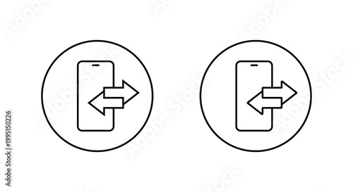 Smartphone transfer icon in circular outline. Mobile data exchange symbol. Cellphone sync sign
