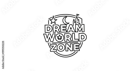 Dream world zone emblem vector illustration of a shield with text and icons
