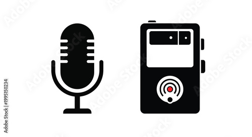 Vintage microphone and tape recorder in a stark black silhouette