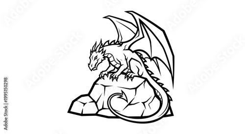 Fantasy dragon perched on rock isolated against a white background