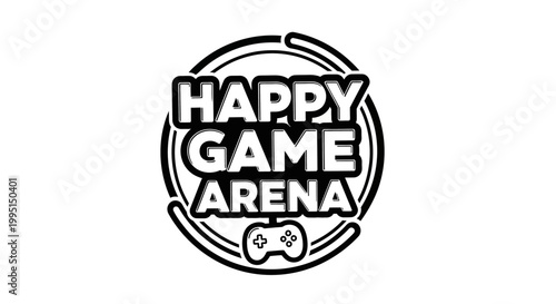 Happy game arena logo design in black and white with controller element