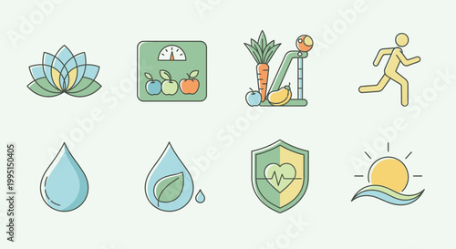 Healthy lifestyle icons representing fitness nutrition and wellness concepts