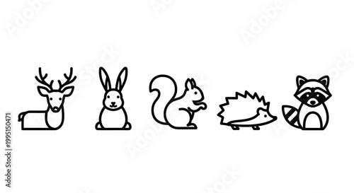 Line art forest animals collection deer rabbit squirrel hedgehog raccoon