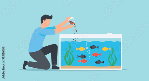 Man feeding aquarium fish with food vector illustration in flat style
