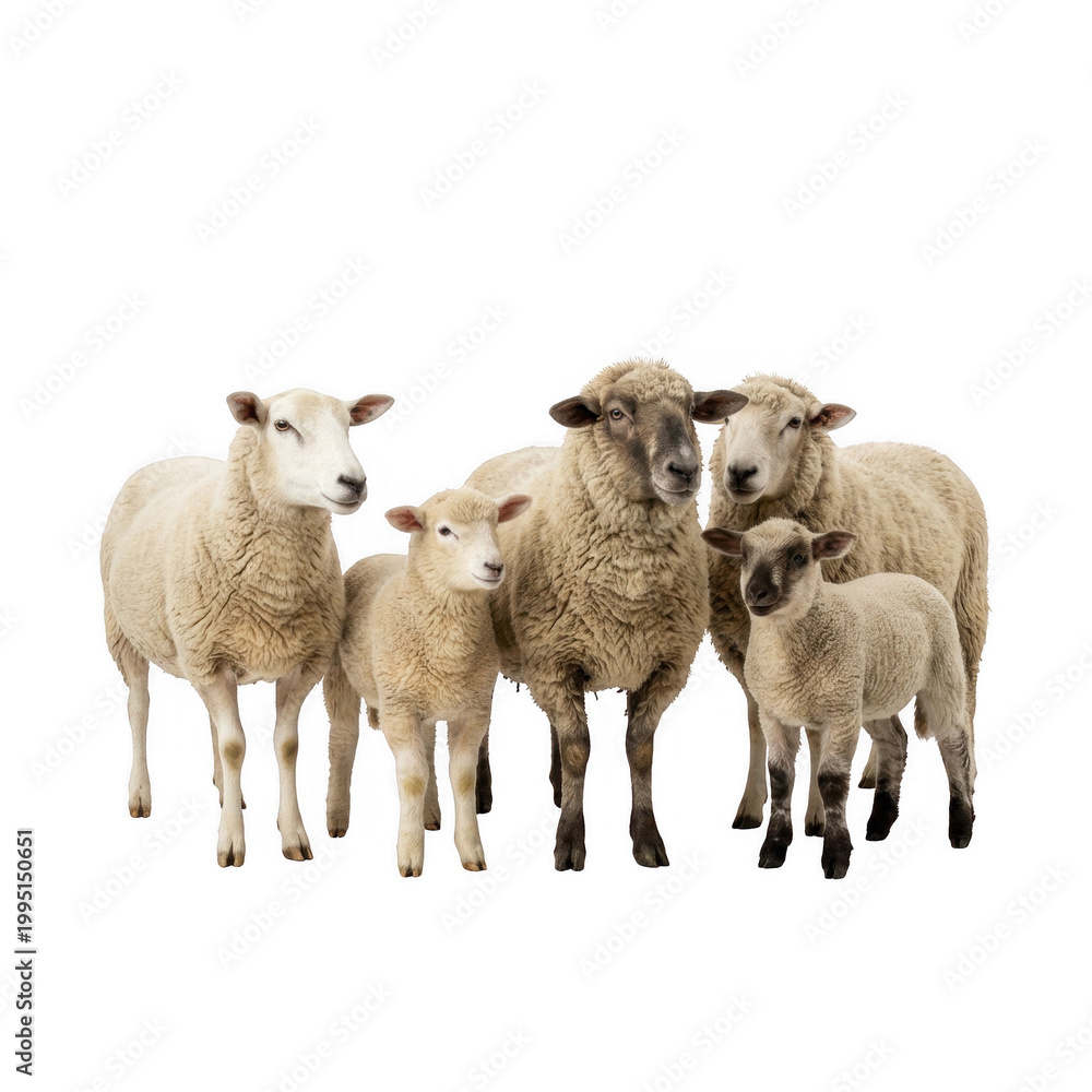Obraz premium A group of five sheep, consisting of adult ewes and lambs, are captured standing closely together against a transparent background.