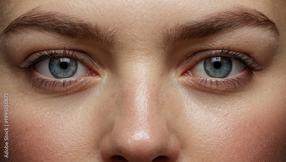 Fototapeta premium Close up blue eye portrait with natural skin texture and soft expression