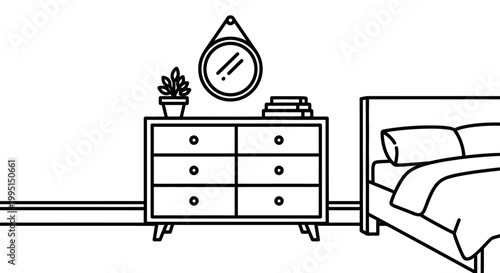 Minimalist bedroom illustration with furniture mirror and decorative plant