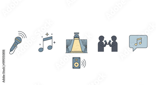 Music icons microphone stage sound notes people singing vector illustration