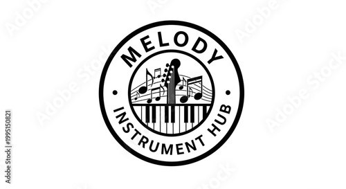Musical instrument hub logo featuring piano keyboard and music notes