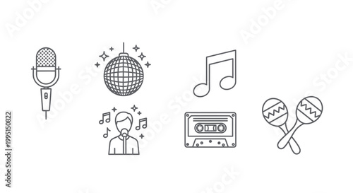 Music icons set microphone disco ball notes cassette and maracas