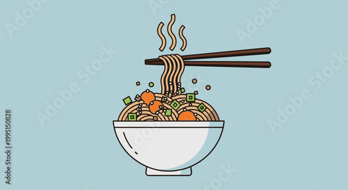 Noodle dish illustration with chopsticks and bowl on a light blue background
