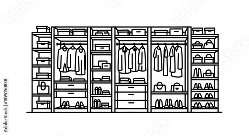 Organized wardrobe with clothes shoes and accessories line art illustration
