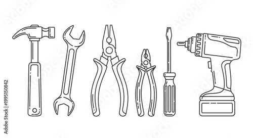 Outlined hand tools hammer wrench pliers screwdriver and drill illustration