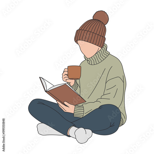 Person reading book drinking beverage wearing hat isolated white background