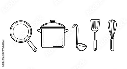 Outlined kitchen utensils illustration on white background