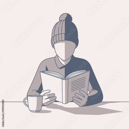 Person reading book with coffee cup winter hat vector illustration