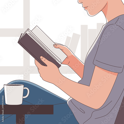 Person reading book near coffee cup vector illustration design