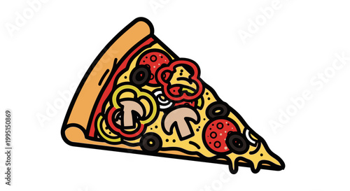 Pizza slice illustration with vegetables and pepperoni isolated on white background