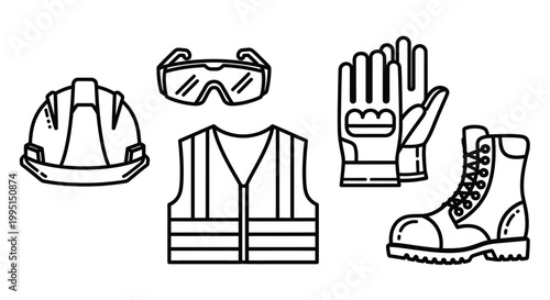 Safety equipment icons set hard hat goggles vest gloves boots
