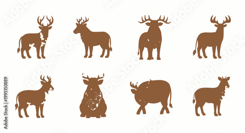 Set of silhouettes of brown deer in various poses isolated on white background