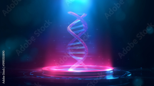 Futuristic holographic DNA double helix floating above glowing digital platform, neon pink and blue genetic science concept with clean cyber laboratory background, advanced biotech