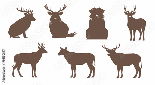 Silhouette collection of various deer poses isolated on white background