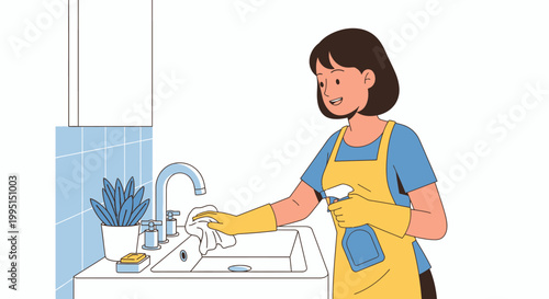 Woman cleaning kitchen sink with spray bottle and cloth cartoon illustration