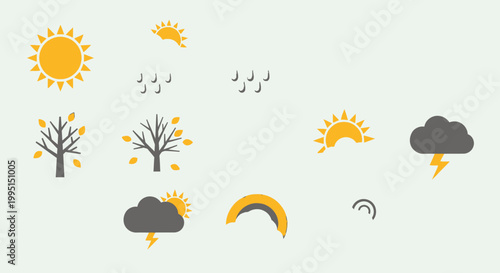 Weather icons sun rain storm rainbow and tree seasonal graphic elements