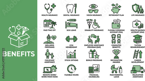 Employee benefits icons set including health insurance, retirement plan, paid time off, and other perks