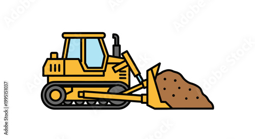 Yellow bulldozer illustration pushing earth isolated on white background