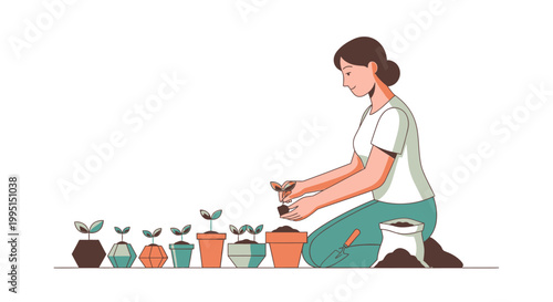 Woman planting seeds in pots illustrating growth and gardening
