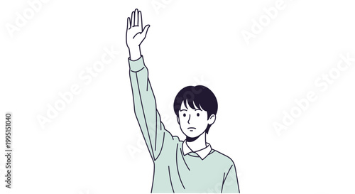 Young man raises hand with arm extended asking a question or making a point