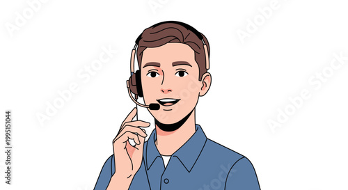 Young man wearing headset smiling on white background copy space