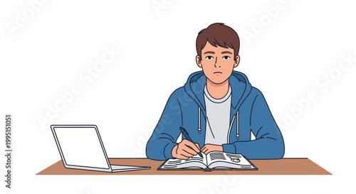 Young person studying with laptop and notebook vector illustration