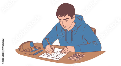 Young person focused on exam writing at desk with pens paper and calculator