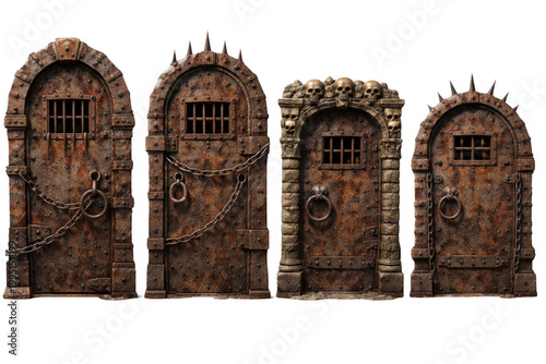 collection of four rusty medieval dungeon doors, barred and chained, with stone and metal textures, on a transparent background