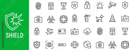 Collection of various security and protection icons in line style