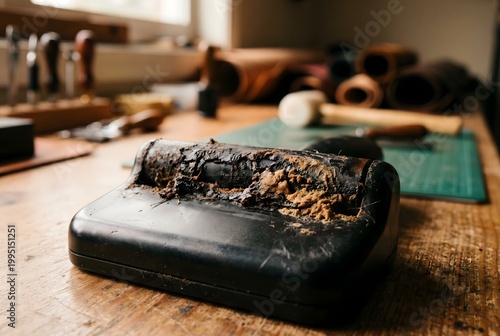 Macro close-up of a leather burnishing tool base encrusted with edge paint and gum paste
