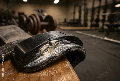 Macro close-up of a powerlifting belt clasp base with compacted liquid chalk and sweat