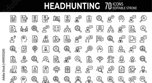 A comprehensive set of 70 headhunting icons in a detailed and versatile stroke style for various uses