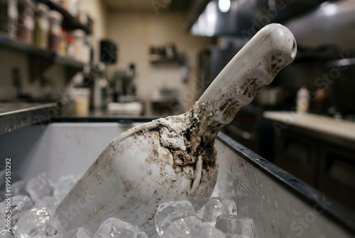 Macro close-up of a commercial ice scoop handle base encrusted with calcified scale and grime