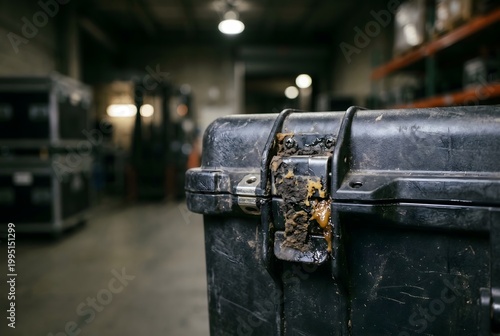 Macro close-up of an equipment hard case latch base with compacted mud and gummy foam dust