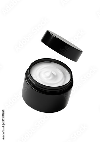 Matte black cosmetic jar reveals thick white cream with an elegant swirl texture; the matching lid levitates against a transparent background, representing luxurious premium advertising