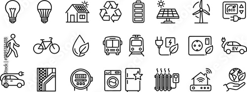 A collection of 25 line icons related to energy saving and eco friendly concepts