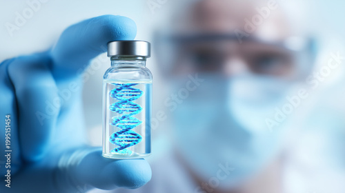 Scientist holding vaccine vial with DNA helix inside, advanced biotechnology and genetic medicine concept with masked researcher, sterile laboratory scene and futuristic healthcare