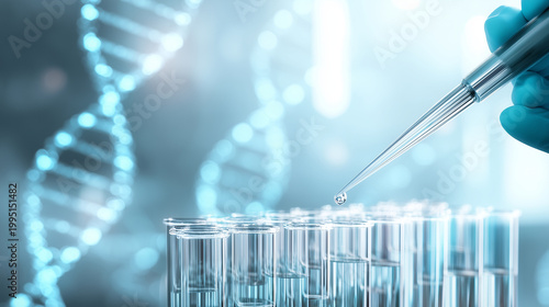 Gloved hand holding laboratory pipette above test tubes with glowing DNA helix in background, advanced genetic research and biotechnology concept with clean clinical lighting and f