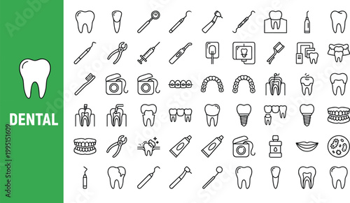 Collection of various dental tools and equipment in line art style on a green and