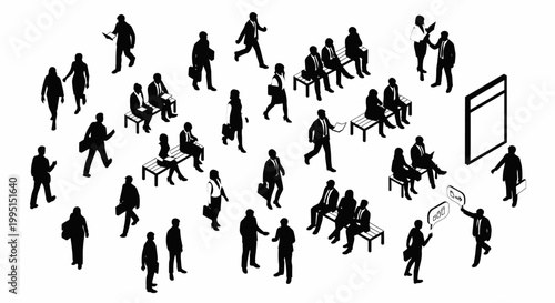 isometric silhouettes of people in business settings some sitting and some standing