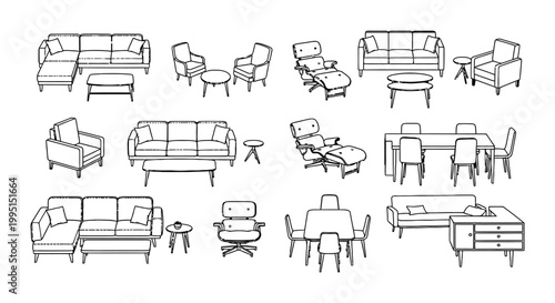 furniture icons vector set for interior design and architectural floor plans illustrating various home furnishings and room layouts.
