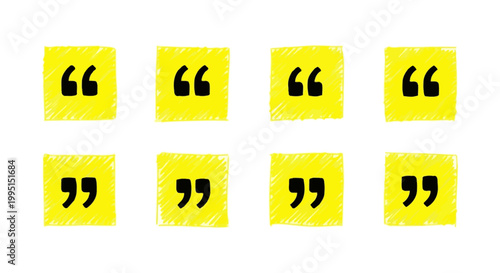 hand drawn quotation marks on yellow squares ideal graphic elements for informal communication and speech bubble designs.